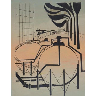 Vintage Mid Century Industrial Refinery Scene Peach & Taupe Serigraph For Sale