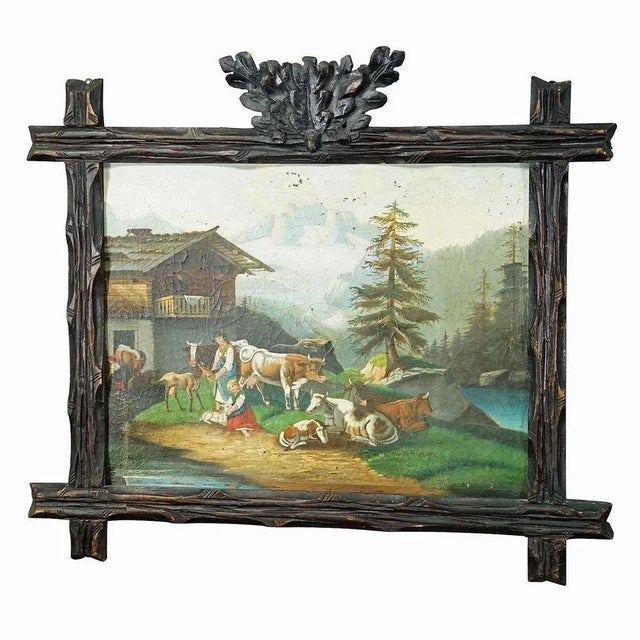 Oil painting folksy scenery with cattles, goats and farmer's wifes, ca. 1900s A colorful antique oil painting depicting a...