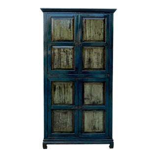 Distressed Teal Blue Rim Olive Green Doors Tall Armoire Storage Cabinet For Sale