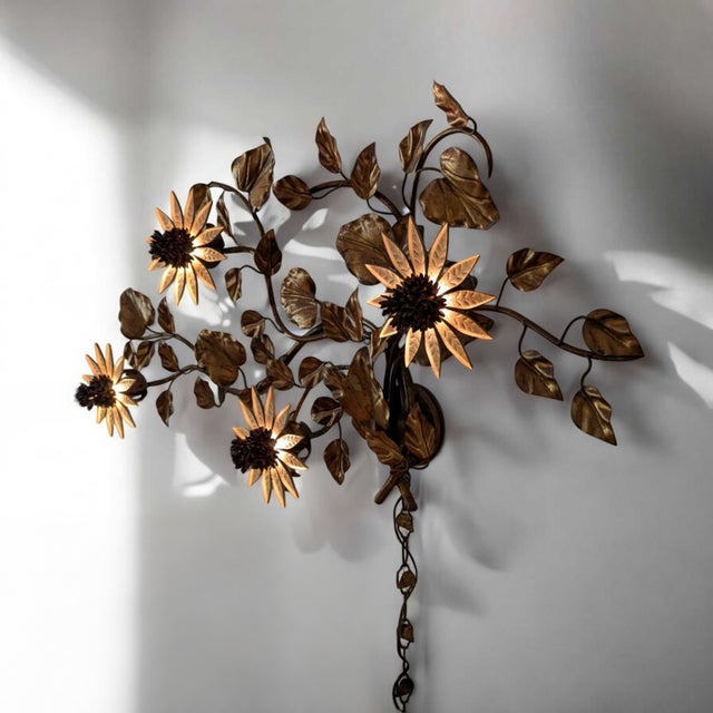 Vintage Italian Gilt Tole Sunflower Wall Sconce, 48.5 In For Sale - Image 4 of 10