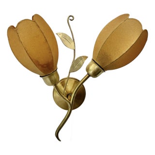 Scandinavian Wall Lamp with Leaf Decoration in Brass with Cocoon Shades, Denmark, 1950s For Sale
