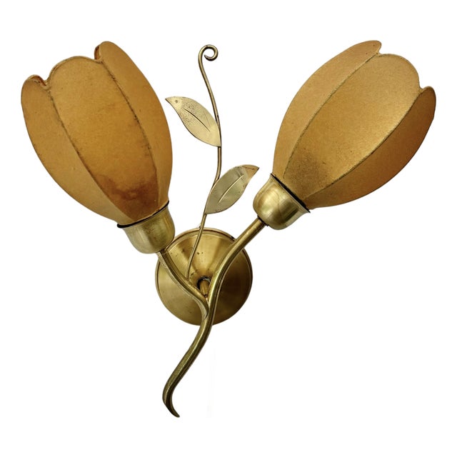 Scandinavian Wall Lamp with Leaf Decoration in Brass with Cocoon Shades, Denmark, 1950s For Sale