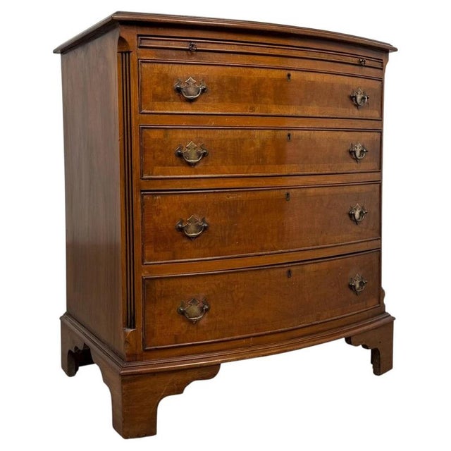 Wood 20th Century English Bow-Front Burr Walnut Chest of Drawers For Sale - Image 7 of 13