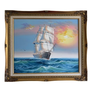 Original Marine Oil Painting Tall Ship on Open Sea Nautical Seascape Gold Frame For Sale