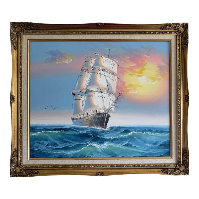 Original Marine Oil Painting Tall Ship on Open Sea Nautical Seascape Gold Frame For Sale