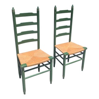Vintage Rustic Farmhouse Green Ladderback Chairs With Rush Seats- A Pair For Sale