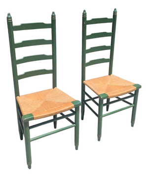 Vintage Rustic Farmhouse Green Ladderback Chairs With Rush Seats- A Pair