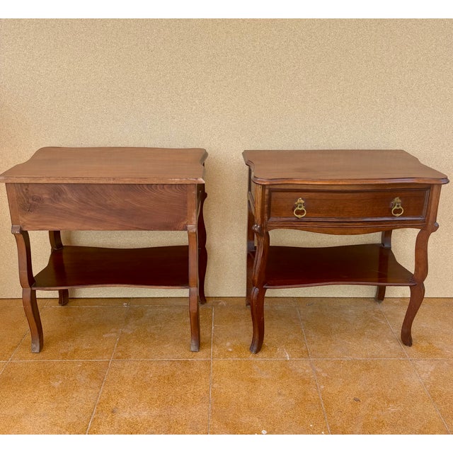 Spanish Wood Bedside Tables with Drawers and Lower Shelves, 1940s, Set of 2 For Sale - Image 11 of 12