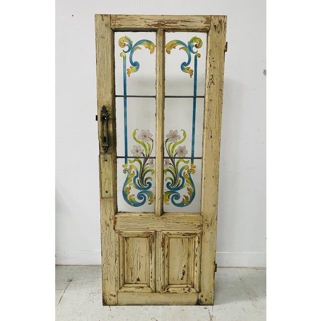 Art Deco Style Doorway in Patinated Fir and Painted Glass For Sale - Image 4 of 10