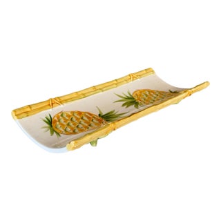 Vintage Italian San Marco Pineapple Ceramic Serving Tray With Faux Bamboo Trim For Sale