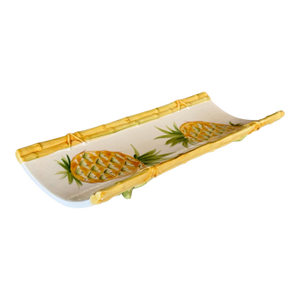 Vintage Italian San Marco Pineapple Ceramic Serving Tray With Faux Bamboo Trim