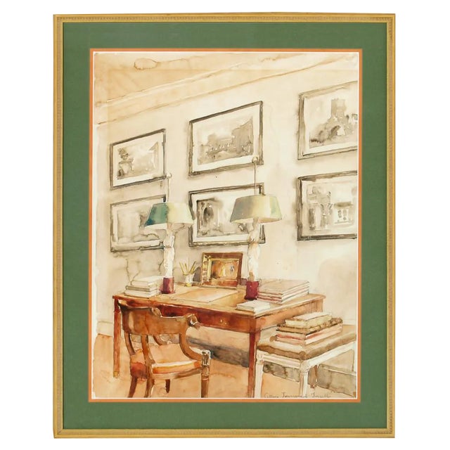 "Library Drawing Room Interior" Watercolour by Allen Townsend Terrell For Sale