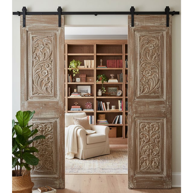 1920s Antique Floral Carved Double Doors | Reclaimed Wood Hinged or Sliding 80x39 For Sale - Image 5 of 5