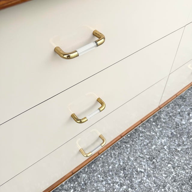 Boho Chic Cream Gloss Laminate Cane and Faux Bamboo Dresser For Sale - Image 10 of 12