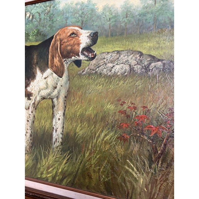 1950s 1950’s Original Large Dog Painting of Foxhound Baying Wood-Lined Field Signed Original Frame For Sale - Image 5 of 7