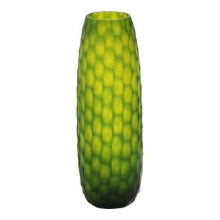 Spectacular, Acid-Etched, Large Green Honeycomb Glass Vase For Sale