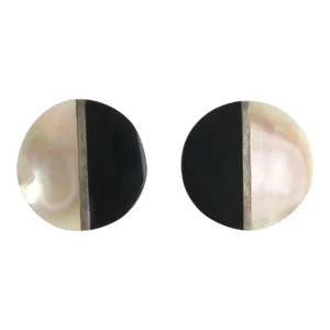 Art Deco Disc Mother of Pearl, Black Onyx Sterling Silver and 14 Karat Gold Earrings - 2 Pieces