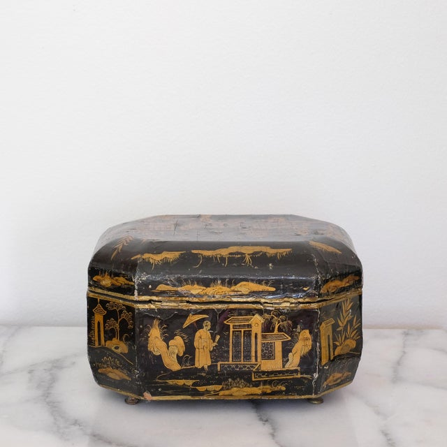 Beautiful antique Chinese lacquer tea caddy box. *Please note that there are areas where finish is gone and/or flaking....