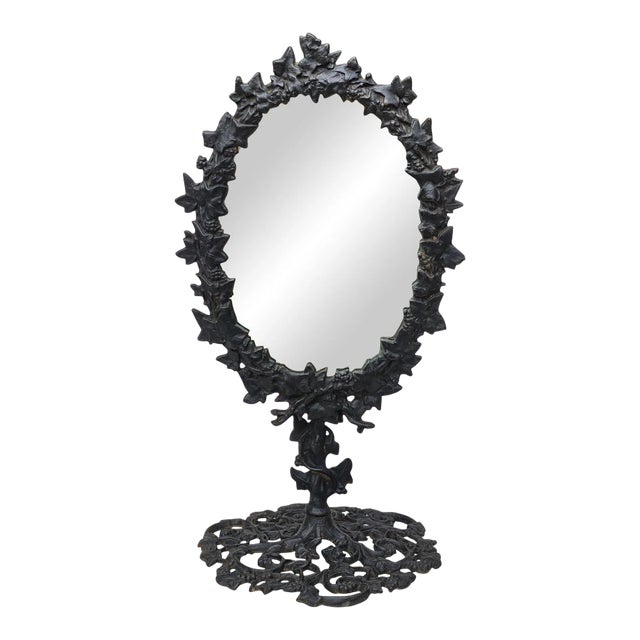 Vintage Victorian Cast Iron Grape Vine Motif Vanity Table Mirror For Sale