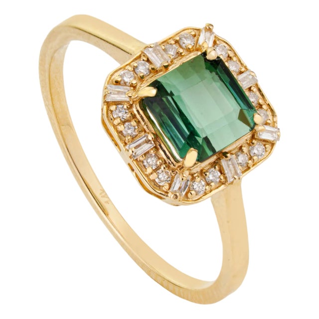 1.22ct Green Tourmaline & Diamond Vintage Ring Size 9 in 14k Yellow Gold For Sale