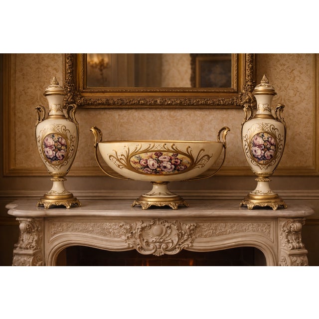 Vintage French-Style Porcelain Jardiniere with Two Urns (circa 1970) This refined and elegant three-piece porcelain...