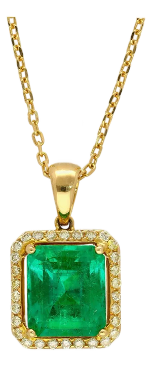 1990s 5.42 Carat Natural Emerald Pendant Necklace With Yellow Diamond Halo in 18k Gold
