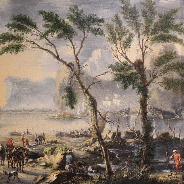 A large Dutch painting from the mid-17th century. This oil on canvas depicts a wide port landscape bustling with...