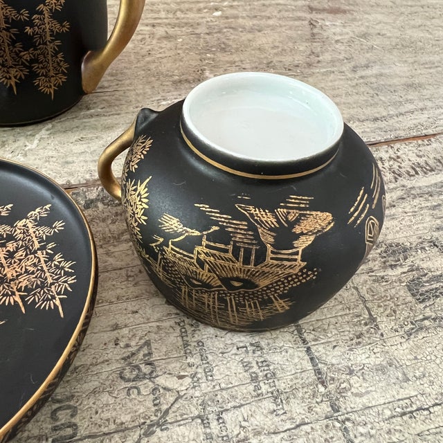 Vintage Kutani China Hand-Painted Black & Gold Japanese Tea Set With Teapot & Cups - Set of 15 For Sale In Kansas City - Image 6 of 18