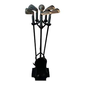 Fireplace Tools in Black Lacquered Metal and Chrome on Stand Model "golf - 5 Pieces