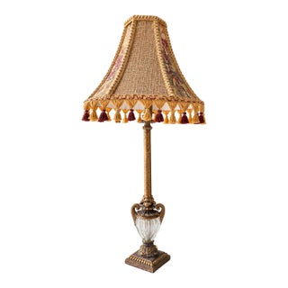 Antique Ornate Table Lamp With Embroidered Tassel Shade, Carved Decorative Base & Ribbed Glass Accent, Traditional French Style For Sale