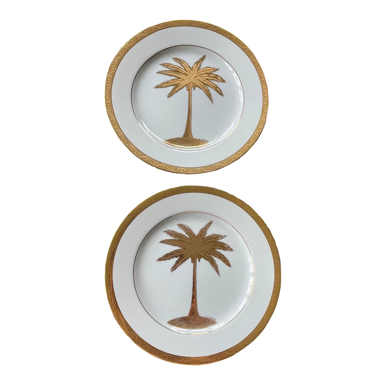 1970s Vintage Godinger Gold Palm Tree Plates, Signed L. Kauri a Pair