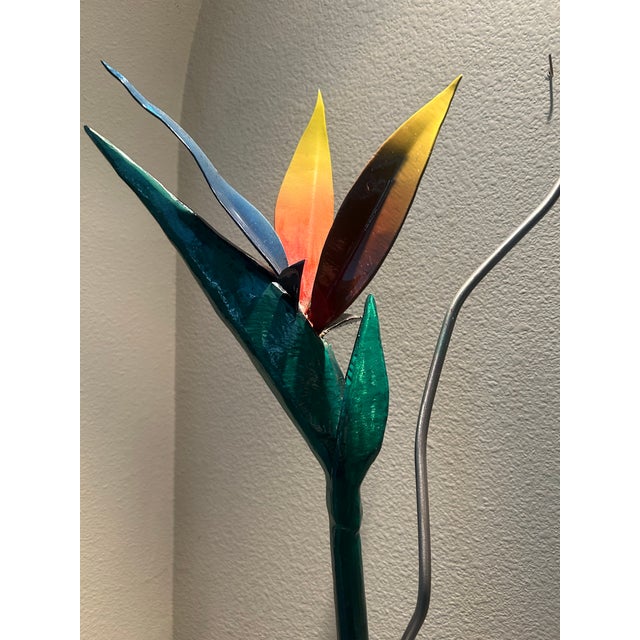 Contemporary Handcrafted Metal Floral Sculpture - Bird of Paradise & Anthurium in Brushed Steel Base - signed "K Johnson" For Sale - Image 4 of 9