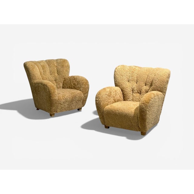 1940s Finnish Modern, Organic Lounge Chairs, Shearling, Wood, Finland, 1940s For Sale - Image 5 of 11