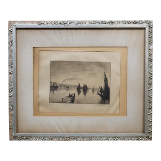 Antique John Hill Millspaugh Signed Nautical Ship Harbor Seascape Etching 29" For Sale