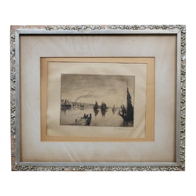 Antique John Hill Millspaugh Signed Nautical Ship Harbor Seascape Etching 29" For Sale