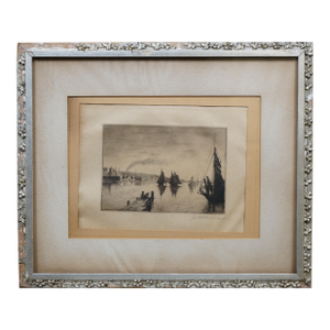 Antique John Hill Millspaugh Signed Nautical Ship Harbor Seascape Etching 29"