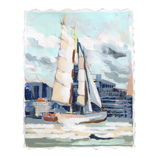 Out in the Harbor - Seascape Cool Tone Mixed Media Painting on Paper Original Artwork by Kellie Newsome For Sale