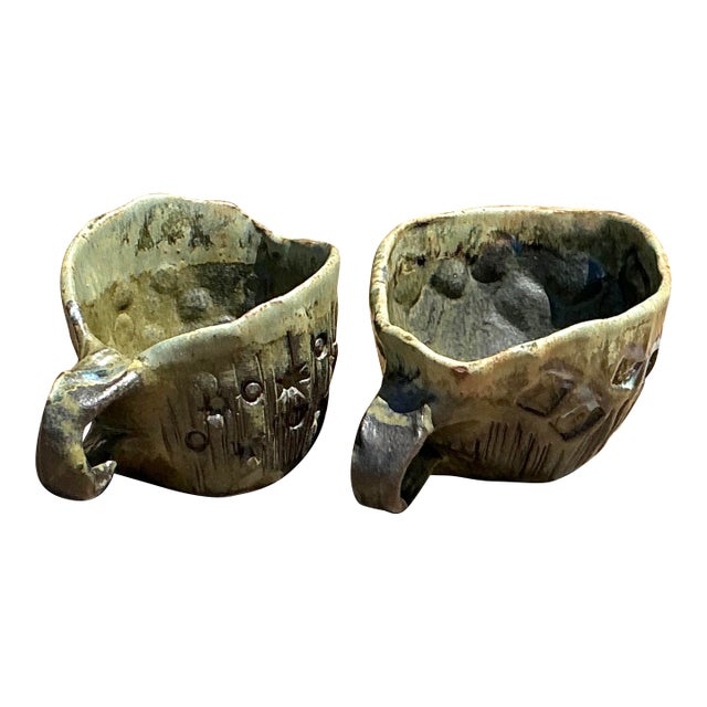Vintage Slab Built Studio Pottery Cups - A Pair For Sale