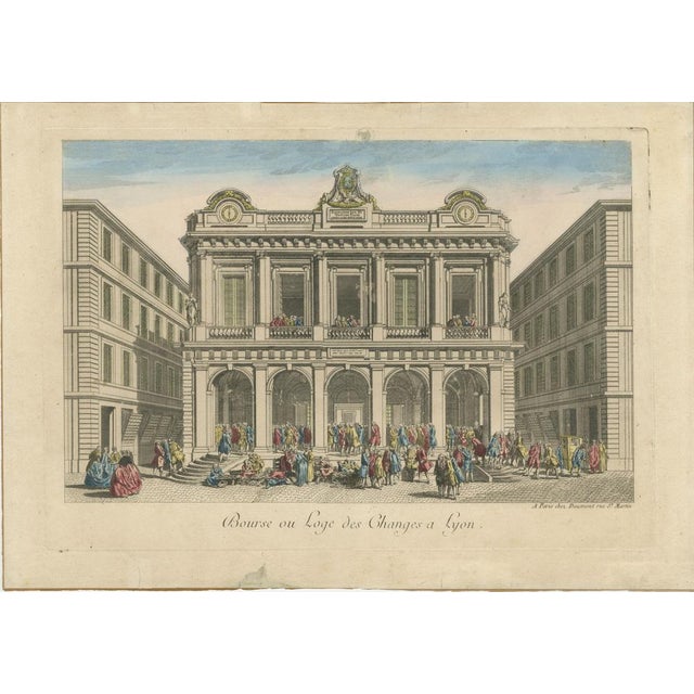 The Exchange Hall in Lyon – 18th Century Hand-Colored Engraving by Daumont This impressive 18th-century hand-colored...
