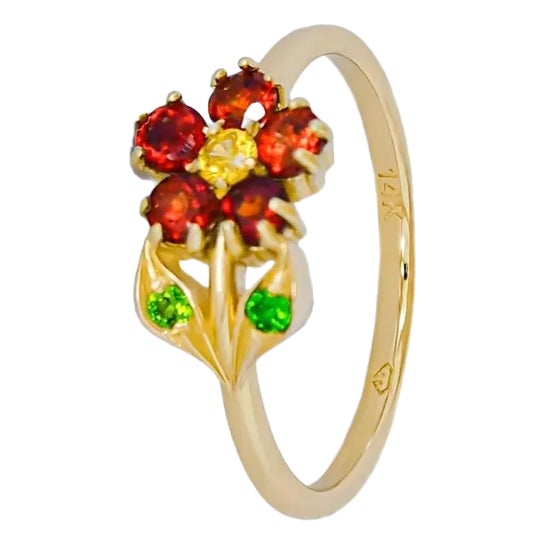 Rainbow Gemstones Flower Ring in 14k Gold For Sale