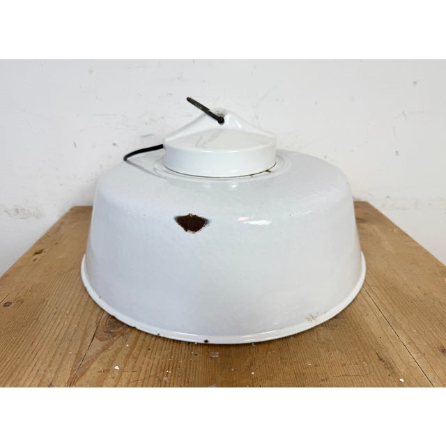 Industrial Grey Enamel Factory Pendant Lamp with Glass Cover, 1960s For Sale - Image 12 of 18