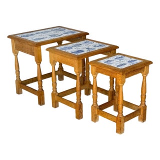 Solid Oak Nesting Tables Set of 3 With Blue and White Ceramic Tiles Mid-Century Modern 1970s For Sale
