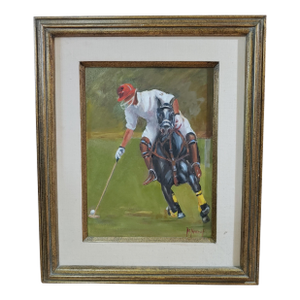 Late 20th Century Vintage Signed Polo Rider & Horse in Action Painting, Framed