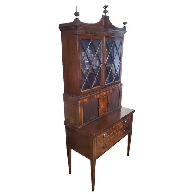 Brown Antique 20th C American Hepplewhite Mahogany Tambour Door Secretary Desk Vitrine For Sale - Image 8 of 18