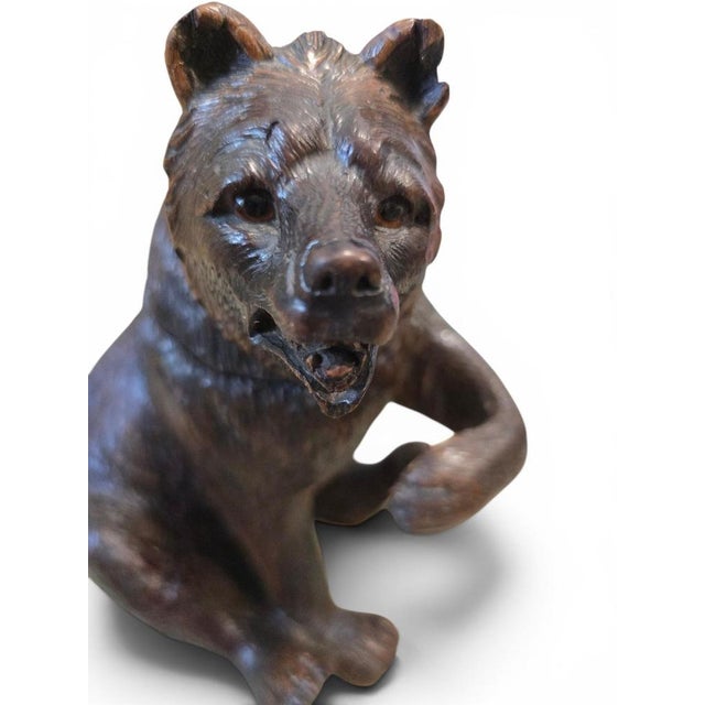 Antique Black Forest Carved Bear Inkwell with Glass Eyes and Original Glass, 1890 For Sale - Image 3 of 14