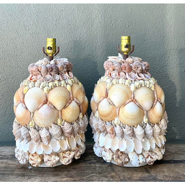 Cream Vintage Shell Encrusted Lamps - A Pair For Sale - Image 8 of 12