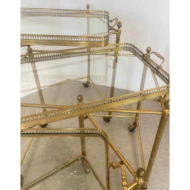 Brass French Neoclassical Style Nesting Bar Carts With Glass Shelves, Maison Bagues For Sale - Image 8 of 18