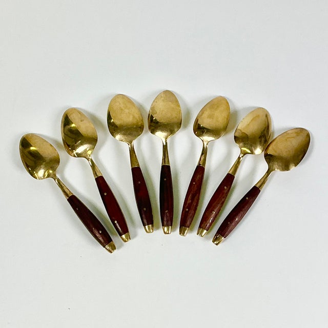 1950s Vintage Hollywood Regency Chinoiserie Appetizer-Dessert Brass & Rosewood Spoons - Set of 7 For Sale - Image 11 of 11