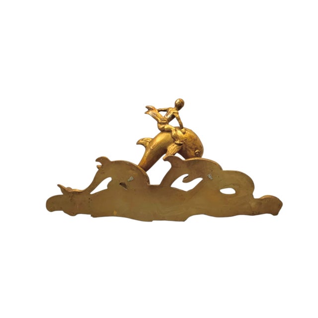 Gold Mid-Century Modern Cherub Riding Dolphin Sculpture, Paul Manship Style, Gold, 46"w For Sale - Image 8 of 8