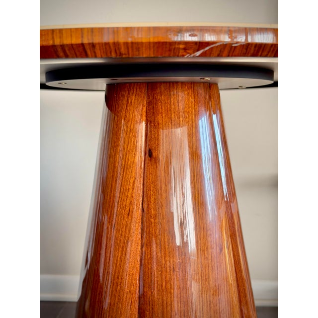 Mid-Century Modern Made Goods Novak Entryway Table in Teak Gloss and Faux Bone Inlay Mid-Century Style Round Pedestal Entry Table For Sale - Image 3 of 12
